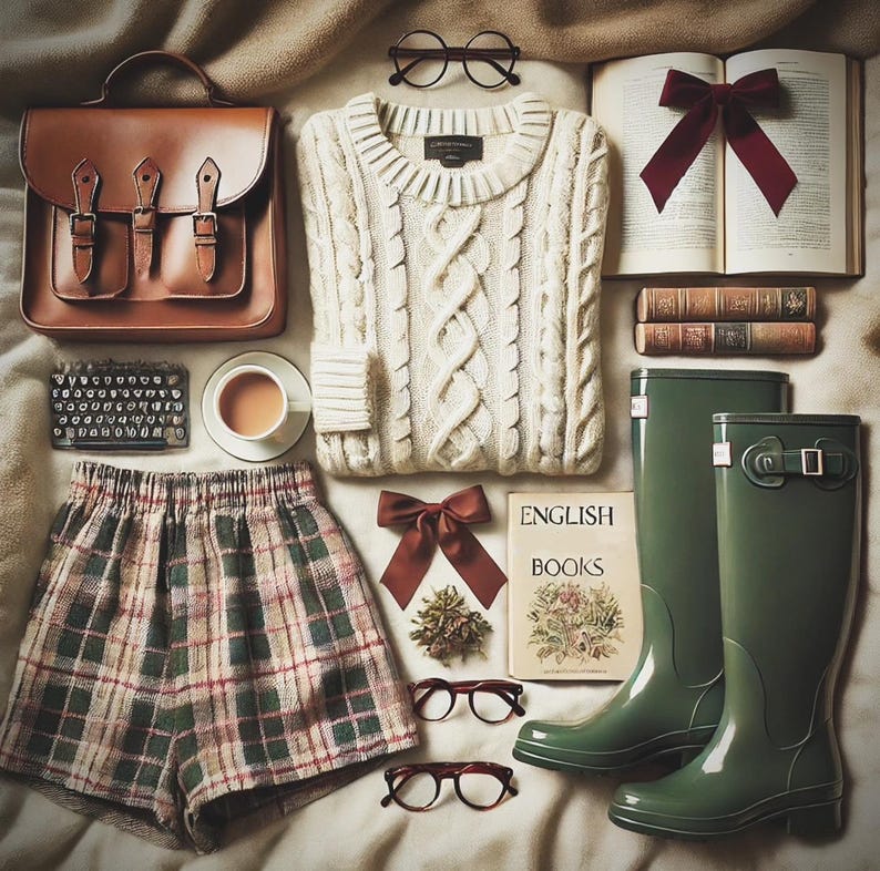 May include: A collection of autumnal items: a brown leather satchel, cream cable-knit sweater, plaid shorts, green wellington boots, books, and spectacles. A cup of tea and a miniature typewriter add to the cosy, autumnal theme. The wellington boots are approximately 30 cm tall.