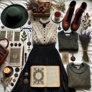 May include: An aesthetic flat lay featuring a dark green hat, vintage clothing, tarot cards, a book, and other mystical items. The ensemble includes a black pleated skirt, a floral blouse, and brown leather boots, creating a bohemian or witchy theme.