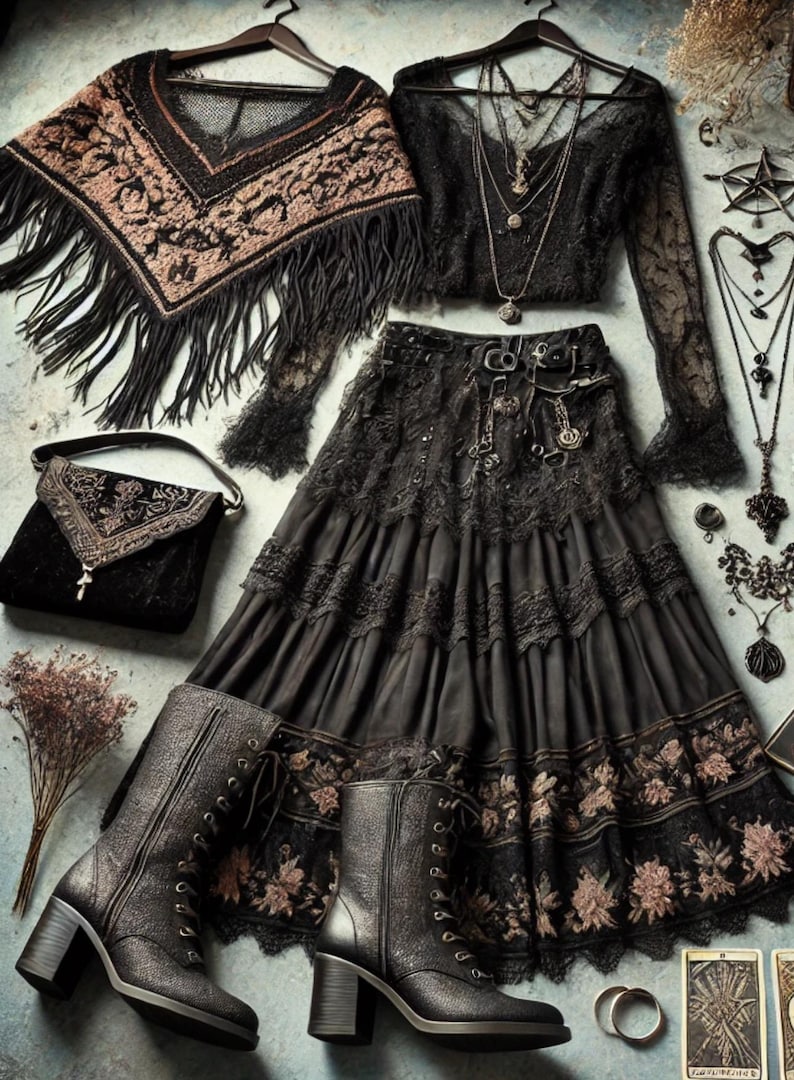 May include: An assortment of gothic-inspired clothing and accessories. Includes a black lace skirt, long-sleeved top, fringed shawl, handbag, and ankle boots. Various necklaces and jewelry are also displayed, creating a dark, romantic aesthetic.