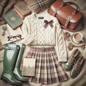 May include: A cream cable-knit sweater with a brown bow, a plaid skirt, and green wellington boots are displayed with books, glasses, and a leather satchel. A cup of tea and green shoes create a cosy, autumnal scene.