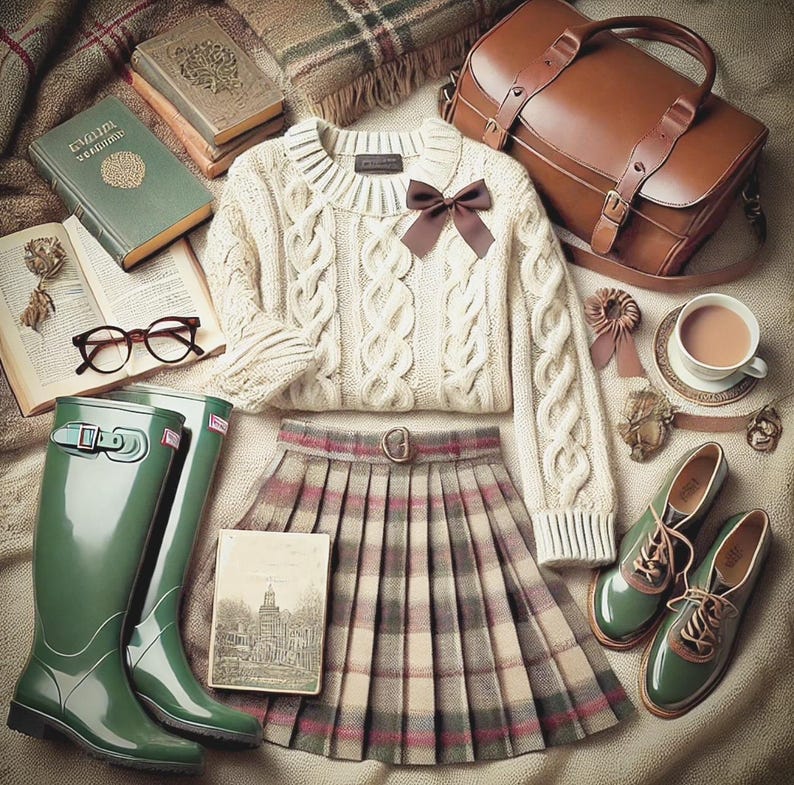 May include: A cream cable-knit sweater with a brown bow, a plaid skirt, and green wellington boots are displayed with books, glasses, and a leather satchel. A cup of tea and green shoes create a cosy, autumnal scene.