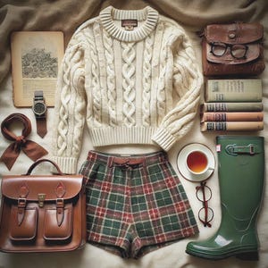 May include: A cream cable-knit jumper, plaid shorts, and a brown leather satchel are arranged with a watch, books, and a cup of tea. Green wellington boots and a small brown purse with glasses complete the ensemble. The items are arranged on a neutral-toned surface.