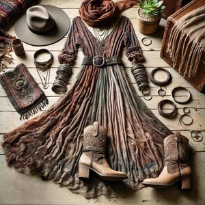 May include: A bohemian-style ensemble featuring a long, flowing dress in earthy tones, accented with a wide belt and intricate jewelry. The outfit includes tan cowboy boots, a wide-brimmed hat, and a scarf, creating a layered, textured look.
