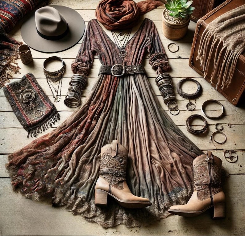 May include: A bohemian-style ensemble featuring a long, flowing dress in earthy tones, accented with a wide belt and intricate jewelry. The outfit includes tan cowboy boots, a wide-brimmed hat, and a scarf, creating a layered, textured look.
