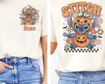 Disney Stitch Pumpkin Face T-Shirt, Disneyland Fall Season Sweatshirt, Horror Stitch Halloween Sweat, Disney Stitch Lover Halloween Trip Tee