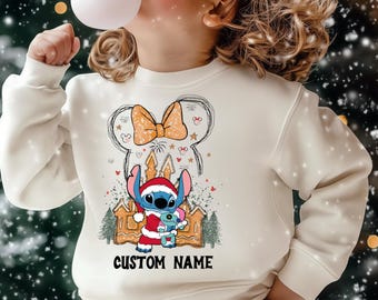 Custom Minnie Head Stitch Christmas T-Shirt, Disney Santa Stitch Christmas Trip Sweatshirt, Disneyland Gingerbread Castle Christmas Shirt