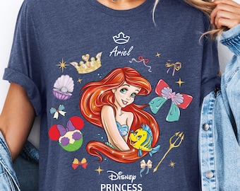 Camiseta de La Sirenita de Disney, camiseta retro de Ariel, camiseta de Ariel de Disneyland, sudadera para niñas de Disneyworld 2026, top de vacaciones de princesas de Disney