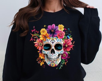 Camiseta del Día de Muertos, camiseta del Día de los Muertos, sudadera de esqueleto con flores de colores, sudadera gótica del Día de Muertos, camiseta mexicana