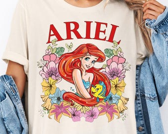 Disney Floral Ariel Princess Shirt, Disney The Little Mermaid T-shirt, Princess Ariel and Flounder Shirt, Disneyland Family Vacation Tees