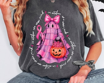In October We Wear Pink T-Shirt, Halloween Breast Cancer Awareness Sweatshirt, Pink Month Shirt, We Wear Pink Shirt, Women Halloween Sweater