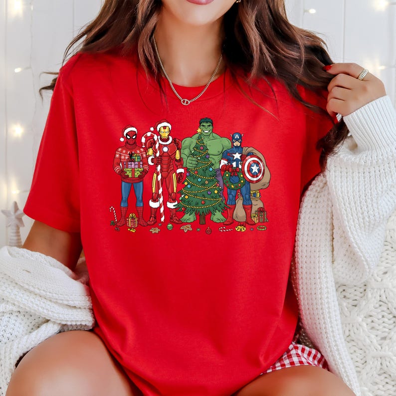 Marvel Superhero Christmas Sweatshirt, Disney Kids Avengers Christmas Lights Shirt, Marvel Hulk Captain America Spiderman Xmas T-Shirt