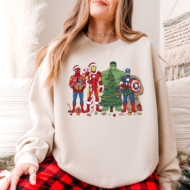 Marvel Superhero Christmas Sweatshirt, Disney Kids Avengers Christmas Lights Shirt, Marvel Hulk Captain America Spiderman Xmas T-Shirt