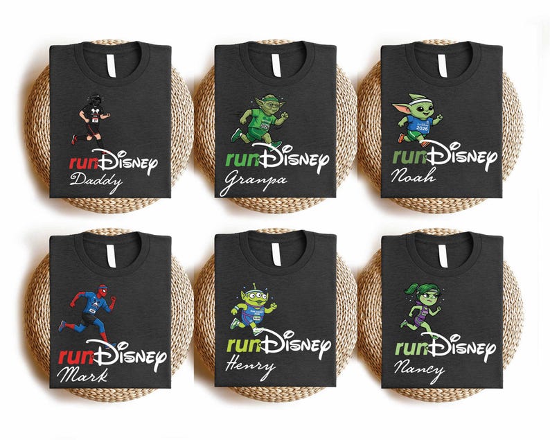 six black t-shirts with Disney characters printed on them, each with a different character and name.