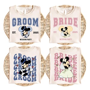 Bride Minnie & Groom Mickey Shirt, Custom Disney Bridal Party Couple T-Shirt, Disneyland Honeymoon Vacation Shirt, Disney Bachelorette Tees