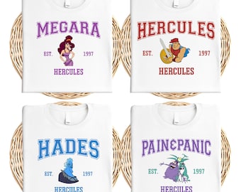 Disney Hercules matchande t-shirt, grekisk mytologi grupp t-shirt, Hades Megara Pegasus smärta och panik t-shirt, Disneyland familjesemester t-shirts
