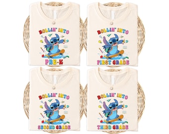 Disney Stitch Rollin' Into School Shirt, Kindergarten Stitch Grade Sweat, Disney Stitch First Day of School Hoodie, Stitch Grade School Tee