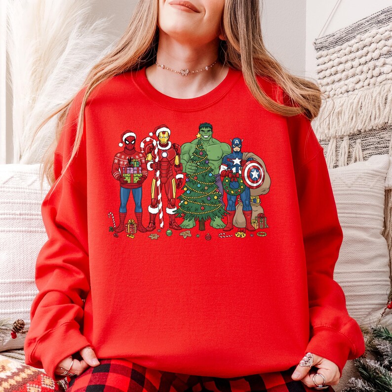 Marvel Superhero Christmas Sweatshirt, Disney Kids Avengers Christmas Lights Shirt, Marvel Hulk Captain America Spiderman Xmas T-Shirt