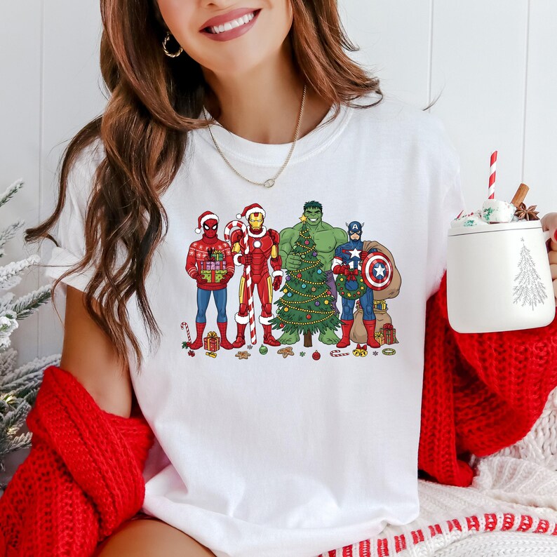 Marvel Superhero Christmas Sweatshirt, Disney Kids Avengers Christmas Lights Shirt, Marvel Hulk Captain America Spiderman Xmas T-Shirt
