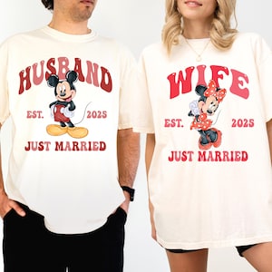 Disney Wife & Husbund Matching Shirts, Minnie and Mickey Just Married Shirt, Disneyland Honeymoon 2025 Shirt, WDW Couple Sweatshirt