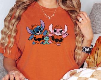 Disney Stitch & Angel Halloween T-shirt, Stitch och Angel Pumpa Halloween-tröja, Disneyland Stitch Halloween-tröja, Stitch-presenttröja