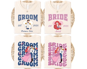 Princess Ariel & Prince Eric Bridal Party Shirt, Custom Disney Bride and Groom Couple T-Shirt, Disneyland Honeymoon Matching Sweatshirt