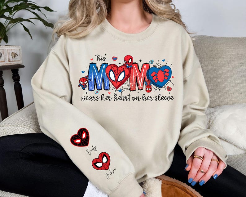Spiderman Mama Sweatshirt With Kids On Sleeve, Personalized Superhero Mom Shirt, Spiderman Family T-Shirts, Disney Mother's Day Gift Shirt