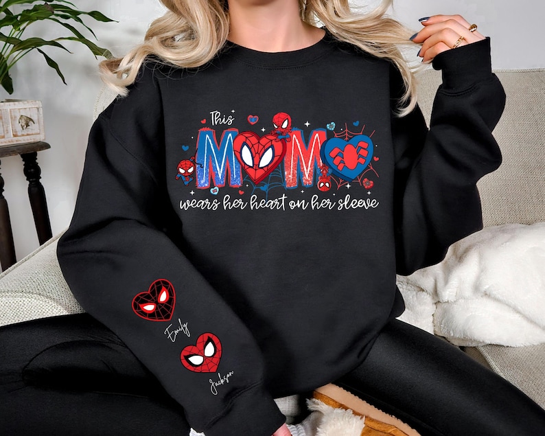 Spiderman Mama Sweatshirt With Kids On Sleeve, Personalized Superhero Mom Shirt, Spiderman Family T-Shirts, Disney Mother's Day Gift Shirt