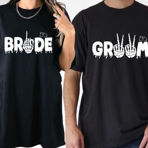 Skeleton Hand Bride and Groom Shirt, Gothic Wedding Party Matching Shirt, Bride To Be Shirt, Funny Honeymoon Couple Tee, Goth Wedding Tees