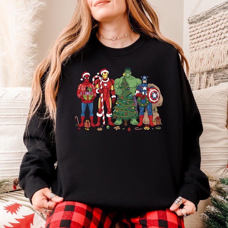 Marvel Superhero Christmas Sweatshirt, Disney Kids Avengers Christmas Lights Shirt, Marvel Hulk Captain America Spiderman Xmas T-Shirt