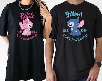 Disney Angel & Stitch Just Married Shirt, Retro Stitch And Angel Groom Bride Sweatshirt, Disney Lover Couple Tee, WDW Honeymoon Trip Sweater