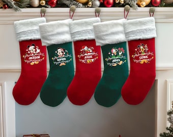 Custom Mickey And Friends Stockings, Mickey Minnie Donald Daisy Christmas Lights Matching Stockings, Disney Family Xmas Stocking, Xmas Gift