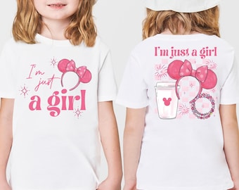 Camiseta Disney "I'm Just a Girl", camiseta infantil com laço da Minnie Coquette, camiseta infantil com laço da Minnie Mouse da Disney para viagem, moletom infantil combinando com a Disneylândia