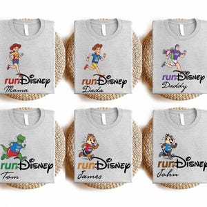 six gray t-shirts with Disney-themed illustrations and text, each featuring a different character running.
