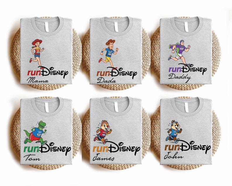 six gray t-shirts with Disney-themed illustrations and text, each featuring a different character running.