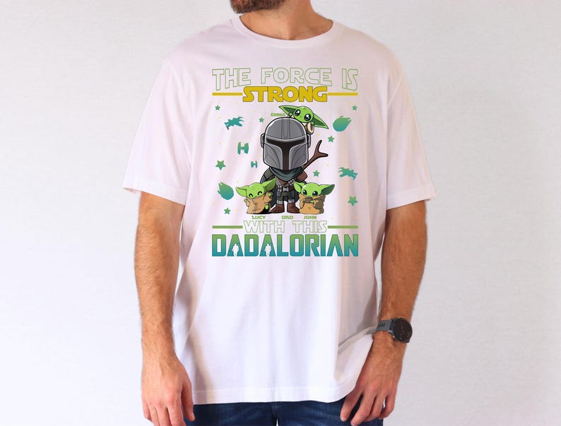 Personalized The Force Is Strong With This Dadalorian Shirt, Mandalorian Dad T-Shirt With Kids Names, Star Wars Father Day Tees Gift