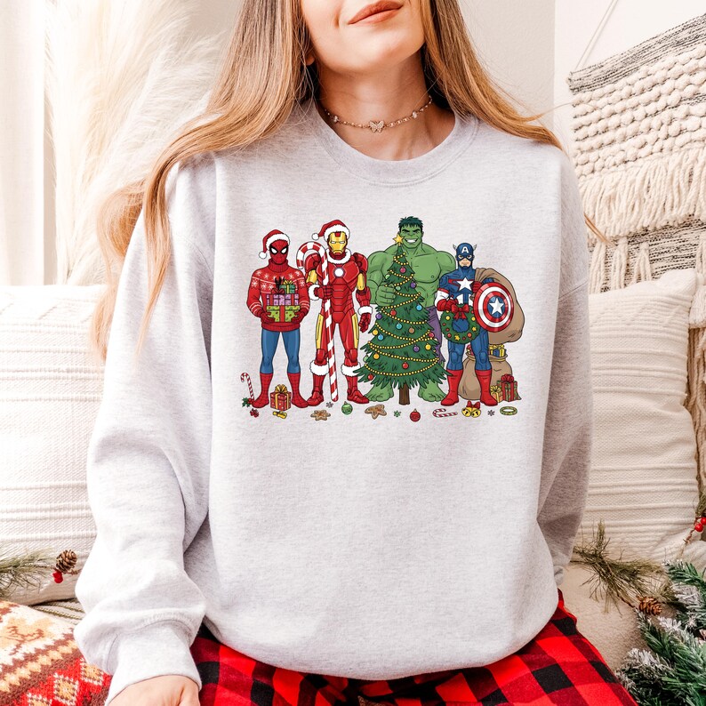 Marvel Superhero Christmas Sweatshirt, Disney Kids Avengers Christmas Lights Shirt, Marvel Hulk Captain America Spiderman Xmas T-Shirt