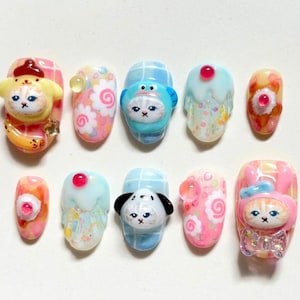 Handgemachte Kawaii Tierpresse auf den Nägeln, 3D Cartoon Katze & Hund Nail Art mit Süßigkeiten, 3D Tiernagelkunst, Benutzerdefinierte niedliche japanische Stil Nägel, Geschenk