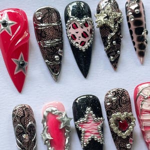 Glam Rock Y2K Press On Nails with Stars & Hearts, Pink Black Coquette Nails, Handmade 3D Chrome Nail Set, Long Luxury Press Ons Gift for Her image 5