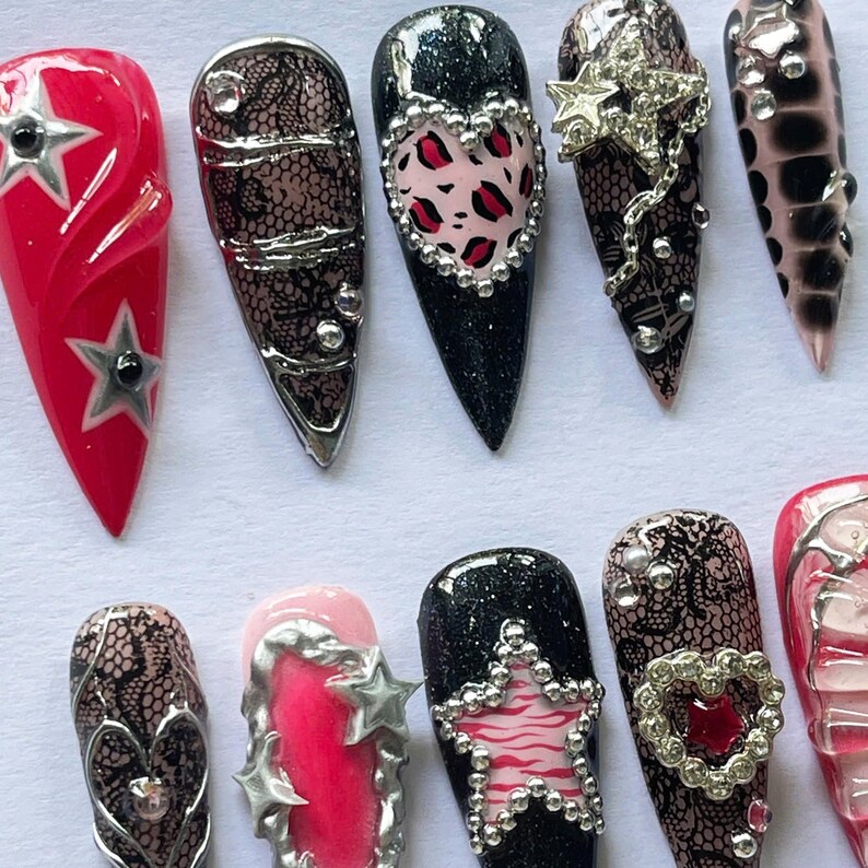 Glam Rock Y2K Press On Nails with Stars & Hearts, Pink Black Coquette Nails, Handmade 3D Chrome Nail Set, Long Luxury Press Ons Gift for Her image 5