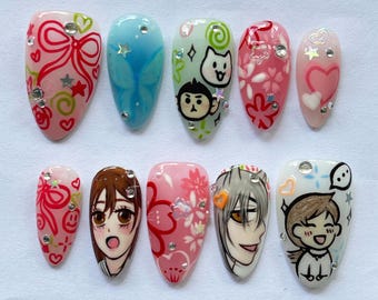 Unique Anime Press On Nails, Handmade Kawaii Fake Nail Set with Cute Cartoon Character, Hearts, Bows, Flowers Design, Manga Nail Art, Gift.