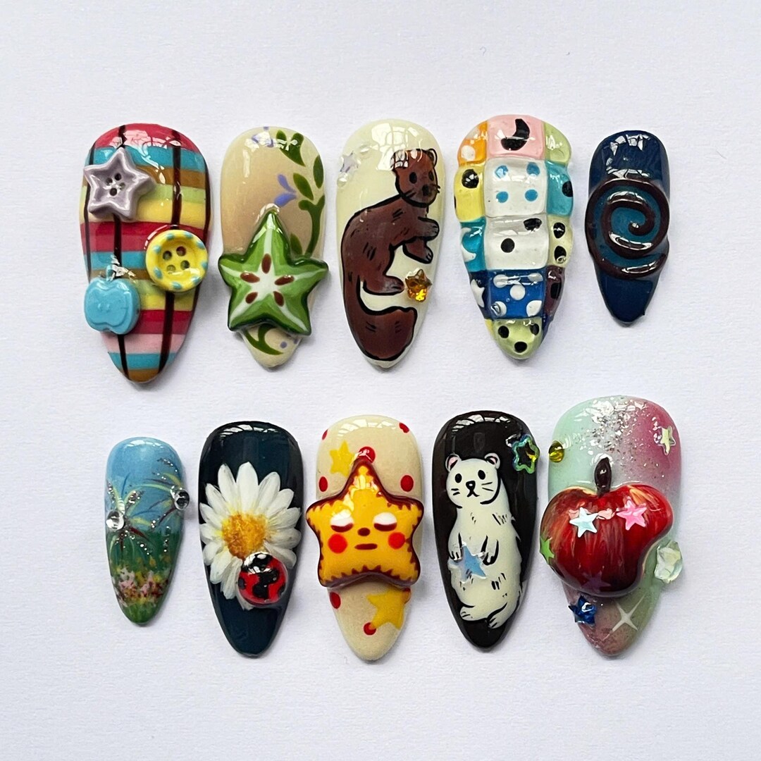 Whimsical Cute Nail Art Set, Handmade Press on Nails With Animals ...