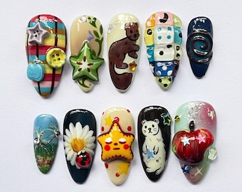 Grillige schattige nail art set, handgemaakte pers op nagels met dieren, fruit en sterren, kawaii esthetische nagels, uniek cadeau voor haar