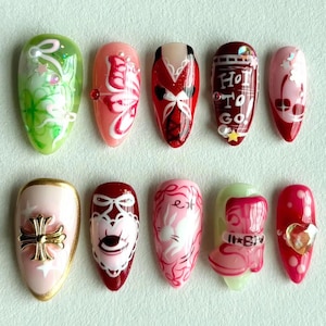 Handmade Fantasy Press On Nails, Cute 3D Kawaii Art, Bunny, Boots, Ribbons, Harajuku Y2K Aesthetic Nail Set, Colorful Nails, Whimsical Nails
