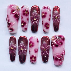 Handmade Press On Nails with 3D Purple Flowers, Gradient Floral Nail Art for Women, Elegant Sakura Inspired Design, Reusable Gift Set.