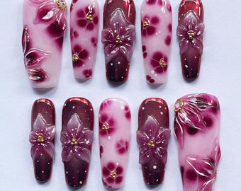 Appuyez sur les ongles à la main avec des fleurs mauves 3D, décoration d'ongles florale dégradée pour femme, design élégant inspiré de Sakura, coffret cadeau réutilisable.