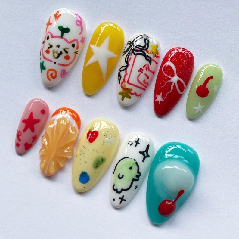 Cartoon Nails, Kawaii Nails, Pastel Nails, Unique Nails, Character Nails, Handmade Nails, Custom Nails, Fantasy Nails, Colorful Nails, Star Nails, 3D Charm Nails, Cute Nails, Artistic Nails, Cartoon Nails