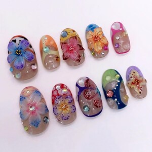 press on nail, fake nail, 3d gel nail, Almond nail, spring nails, 3D gel nails, Flower nails, floral nails, prom nails, holiday nail, vacation nail, acrylic press on, short press on nail