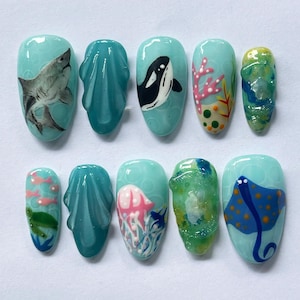 Hand-painted Ocean Press On Nails, Almond Nail With Shark, Whale, Jellyfish, Coral Sea Life, Unique Marine Theme Fake Nails for Beach Lovers
