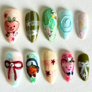 Handmade Cute Press On Nails, Kawaii Y2K Nails with Stars, Cartoon Art, Bow, Swirls, Funny Nails, Fantasy Nail, Colorful Playful Nail Design