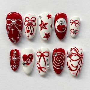 Unique Valentine Press On Nail, Romantic Nail Art in Fake Nails, Y2K Cute Nail Art, Valentine Fake Nails, Red Ombre False Nail, Almond Nails